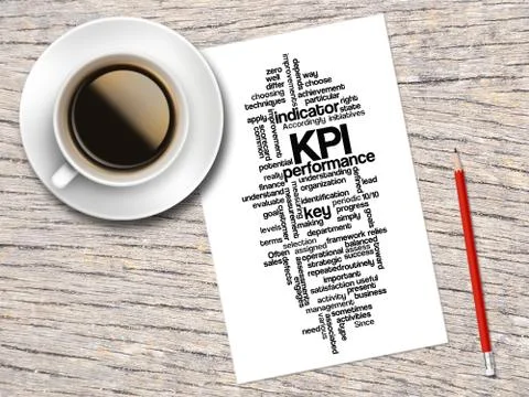 Coffee, Pencil And A Note Contain Word Clouds Of KPI And Its Related Words 스톡 일러스트