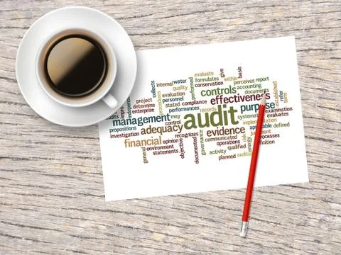 Coffee, Pencil And A Note Contain Word Clouds Of Audit And Its Related Words Stock Illustration