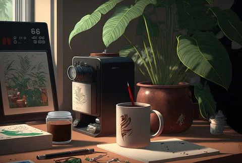 Coffee, a plant, and office supplies are nearby. Generative AI Stock Illustration