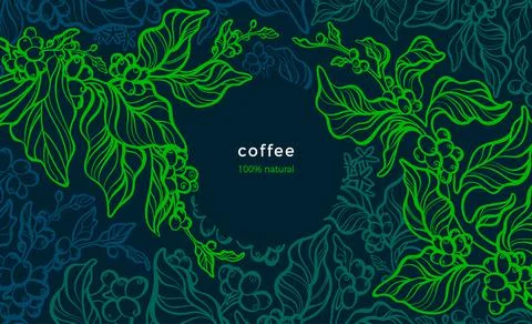 Coffee plant. Vector green background. Art line illustration. Tropical tree,  Stock Illustration