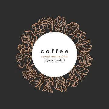 Coffee plant. Vector symbol in circle. Botanical tree, branch, flower, bean,  Stock Illustration
