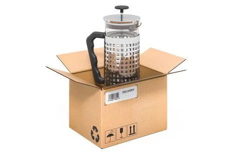 Coffee plunger inside cardboard box, delivery concept. 3D rendering Illustrazione stock