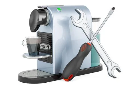 Coffee pod machine with screwdriver and wrench, 3D rendering Stock Illustration
