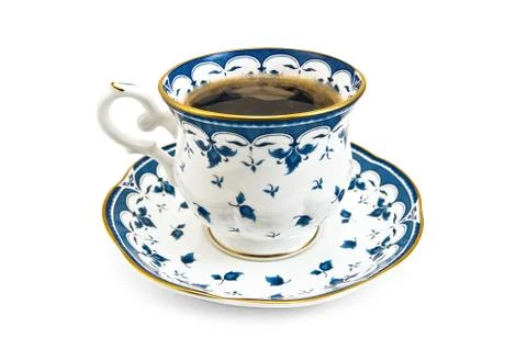 Coffee in a porcelain cup with a blue pattern 写真素材