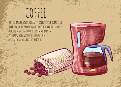 Coffee Postcard, Kettle and Beans, Java Vector Stock Illustration