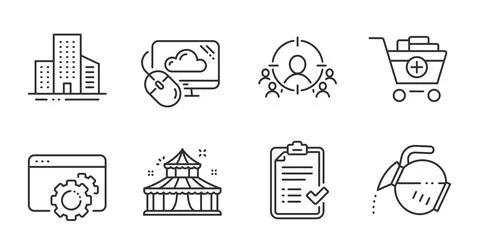 Coffee pot, Cloud computing and Approved checklist icons set. Buildings, Circus Stock Illustration