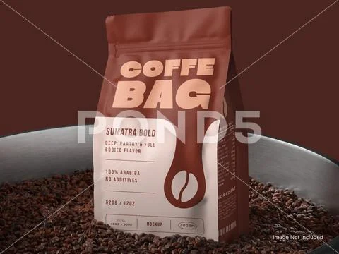 Coffee Pouch Bag Mockup on Metal Bown Full of Beans Modello PSD