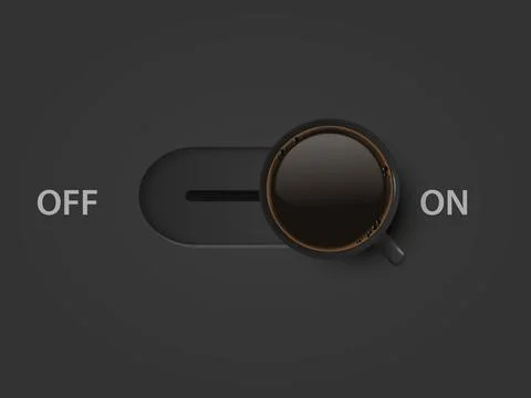 Coffee Power Concept. Off, On Switch. Vector 3d Realistic Black Mug with Black Illustrazione stock