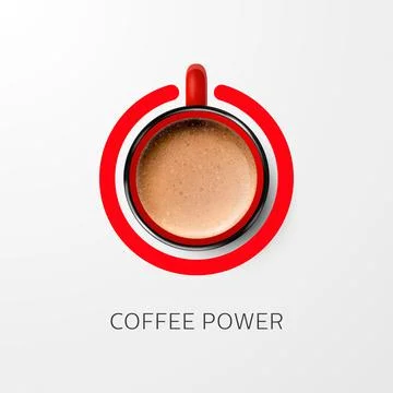 Coffee Power Concept. Vector 3d Realistic Red Mug with Milk Foam Coffee - Illustrazione stock