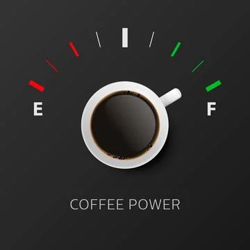 Coffee Power. Vector 3d Realistic White Mug with Black Coffee and Fuel Gauge 스톡 일러스트