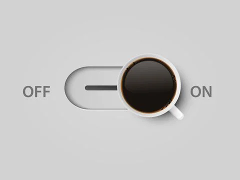 Coffee Power. Vector 3d Realistic Off, On Switch with Coffee in White Mug Ilustração Stock