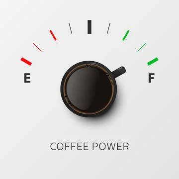 Coffee Power. Vector 3d Realistic Black Mug with Black Coffee and Fuel Gauge on Stock Illustration