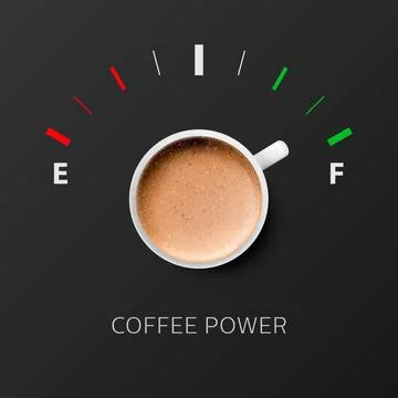 Coffee Power. Vector 3d Realistic White Mug with Milk Foam Coffee and Fuel Gauge Stock Illustration