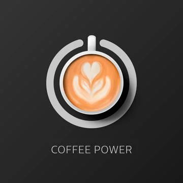 Coffee Power. Vector 3d Realistic White Porcelain, Ceramic Mug and Switch Sign Ilustração Stock