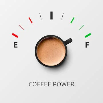 Coffee Power. Vector 3d Realistic Black Mug with Milk Foam Coffee and Fuel Gauge Stock Illustration