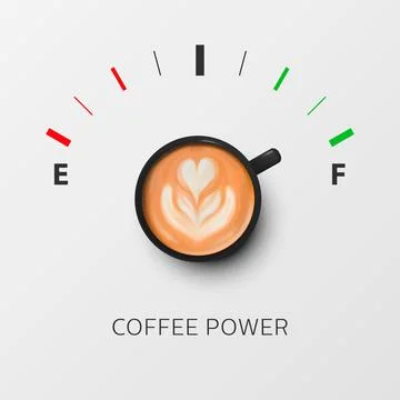 Coffee Power. Vector 3d Realistic Black Mug with Milk Coffee and Fuel Gauge Stock-Illustration