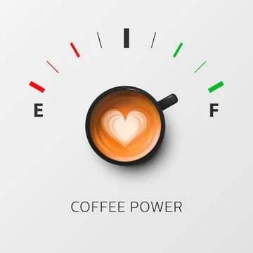 Coffee Power. Vector 3d Realistic Black Mug with Milk Coffee and Fuel Gauge Stock-Illustration