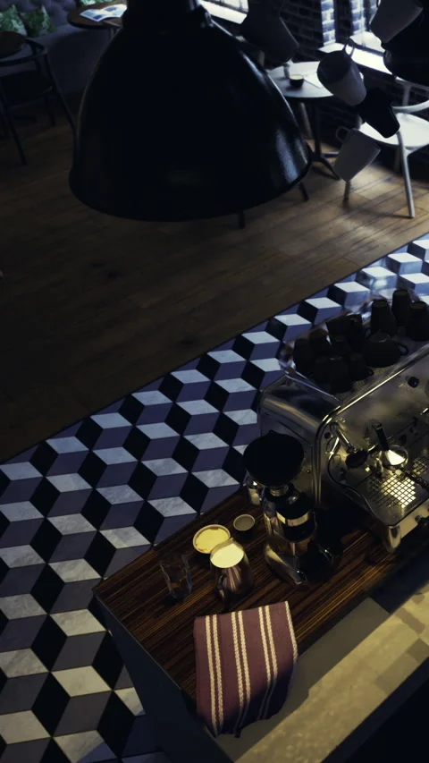 Coffee preparation in a modern cafe with unique floor design Stock Footage 331665278