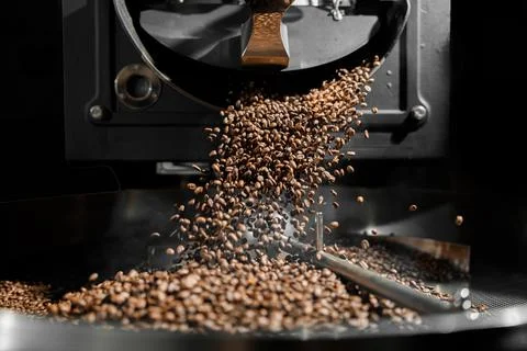 Coffee processing. Roastery, roasting machine and fresh beans Foto stock