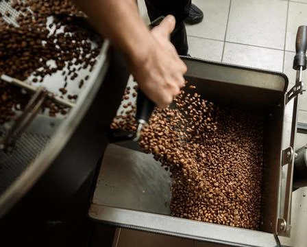 Coffee processing. Roastery, roasting machine and fresh beans Stock Photos
