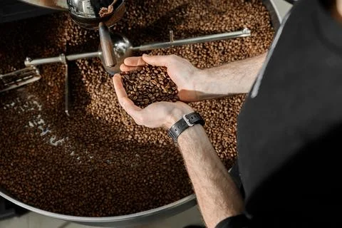 Coffee processing. Roastery, roasting machine and fresh beans Stock Photos