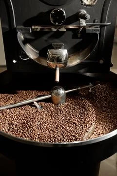 Coffee processing. Roastery, roasting machine and fresh beans Stock Photos