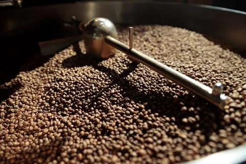Coffee processing. Roastery, roasting machine and fresh beans Stock Photos