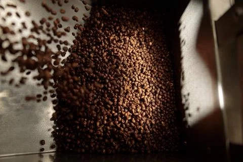 Coffee processing. Roastery, roasting machine and fresh beans Stock Photos