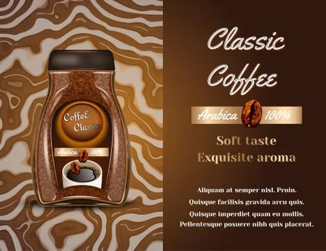 Coffee products ad. Vector 3d illustration. Instant coffee bottle template Stock Illustration