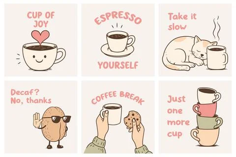 Coffee Quote Poster Set, Vector Illustration. Cute Coffee Wall Art with Cof.. Stock Illustration