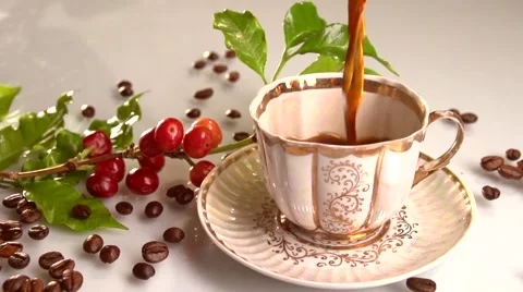 Coffee. Red coffee beans on a branch. Coffee is poured into the cup. Video stock 61197599