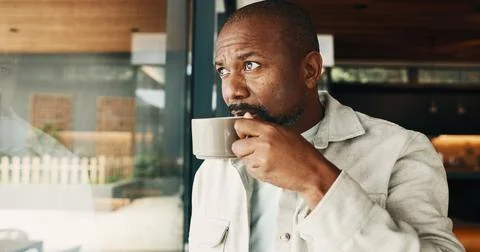 Coffee, reflection and window with black man in home for inspiration, memories Stock Photos