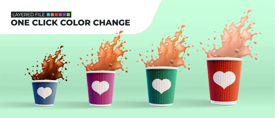 Coffee Ripple Cups With Splashes on Mint Green Background. Layered File. Easy Stock Illustration