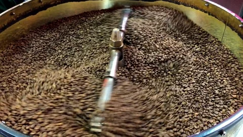 Coffee roaster cooling off fresh roasted coffee beans Batch of Beans in cylinder 스톡 동영상 334643809