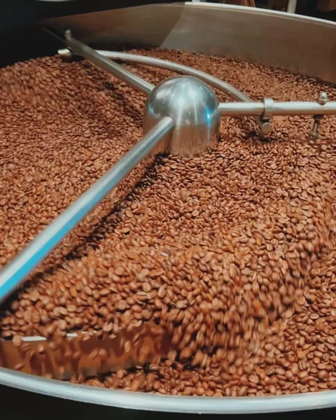 Coffee roaster machine at coffee roasting process. Mixing coffee beans.  Stock Footage 308008424