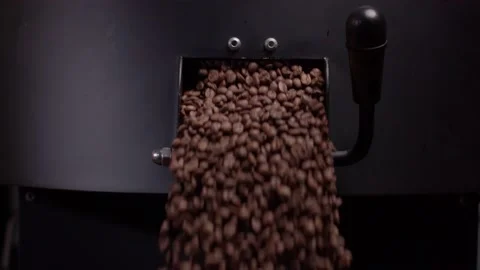 Coffee roaster machine de-stoning roasted coffee bean flowing into cooling plate Stock Footage 199473481