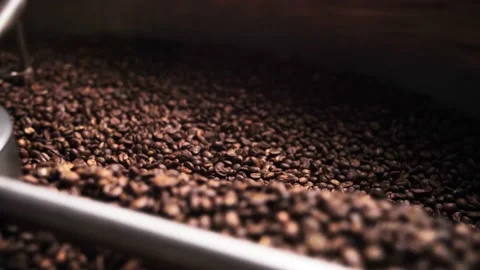 Coffee roaster machine mixing aroma beans.Preparation fresh aroma caffeine on Stock Footage 214342426