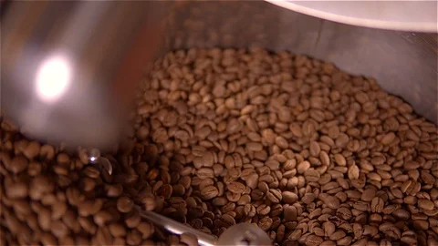 Coffee roaster .VAT for roasting coffee beans. roaster. Coffee beans in the Stock Footage 99746798