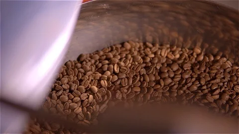 Coffee roaster .VAT for roasting coffee beans. roaster. Coffee beans in the Stock Footage 99749027