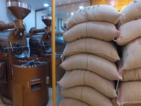 Coffee roasting machine. Sacks of coffee Stock Footage 80578066