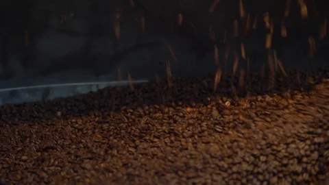 Coffee Roasting Process - Roasted coffee beans in roasting machine. Stock Footage 106469222