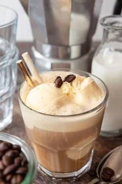 Coffee with scoops of vanilla ice cream Stock Photos