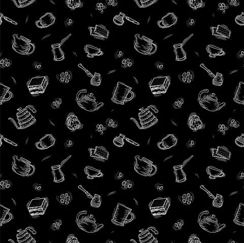 Coffee seamless pattern. background with cups, cezve, beans and teapot. Illustrazione stock