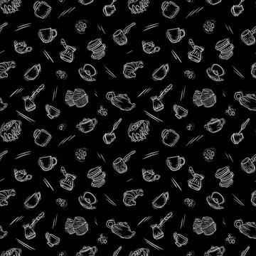 Coffee seamless pattern. background with cups, cezve, beans and teapot. 스톡 일러스트