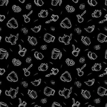 Coffee seamless pattern. background with cups, cezve, beans and teapot. Illustrazione stock