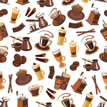 Coffee seamless pattern with beans, cups, mills 库存插图