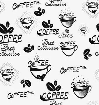 Coffee seamless pattern with brown cups of brewed , hot chocolate and creamy Stock Illustration