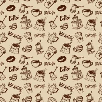Coffee seamless pattern. Coffee beans, mills, cups.  Design element for poste 스톡 일러스트