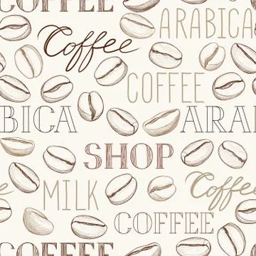 Coffee seamless pattern. Coffee beans and lettering COFFEE Stock Illustration