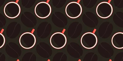 Coffee seamless pattern with coffee mugs on dark brown background. Red cup of Illustrazione stock